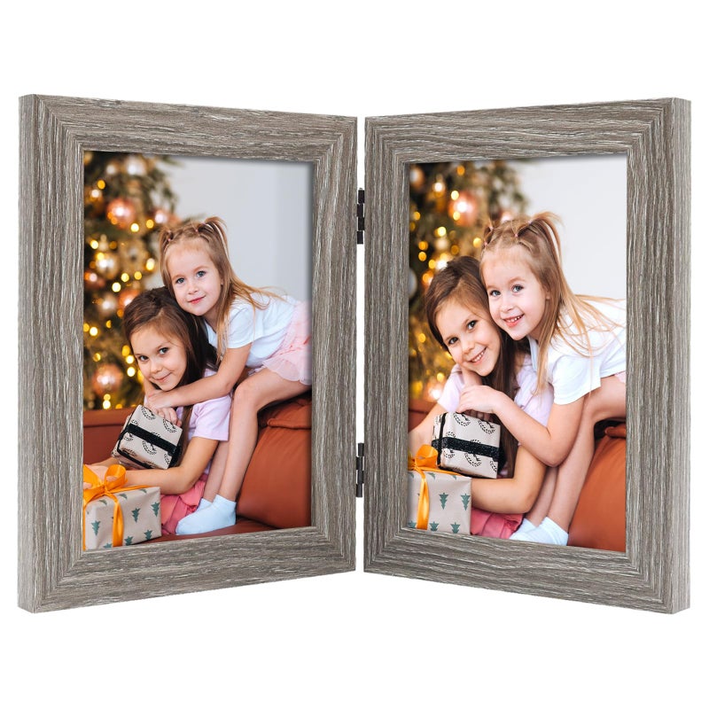 Frametory, 5x7 Double Picture Frame - Real Glass Hinged 2 Photos Collage, Desktop Picture Frame Standing Vertical (Grey, 1 Pack) - Image 1